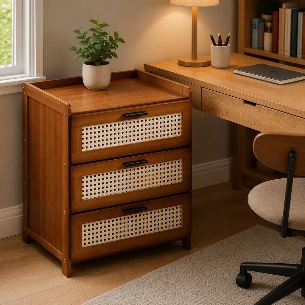 Table de chevet moderne en bois avec trois tiroirs