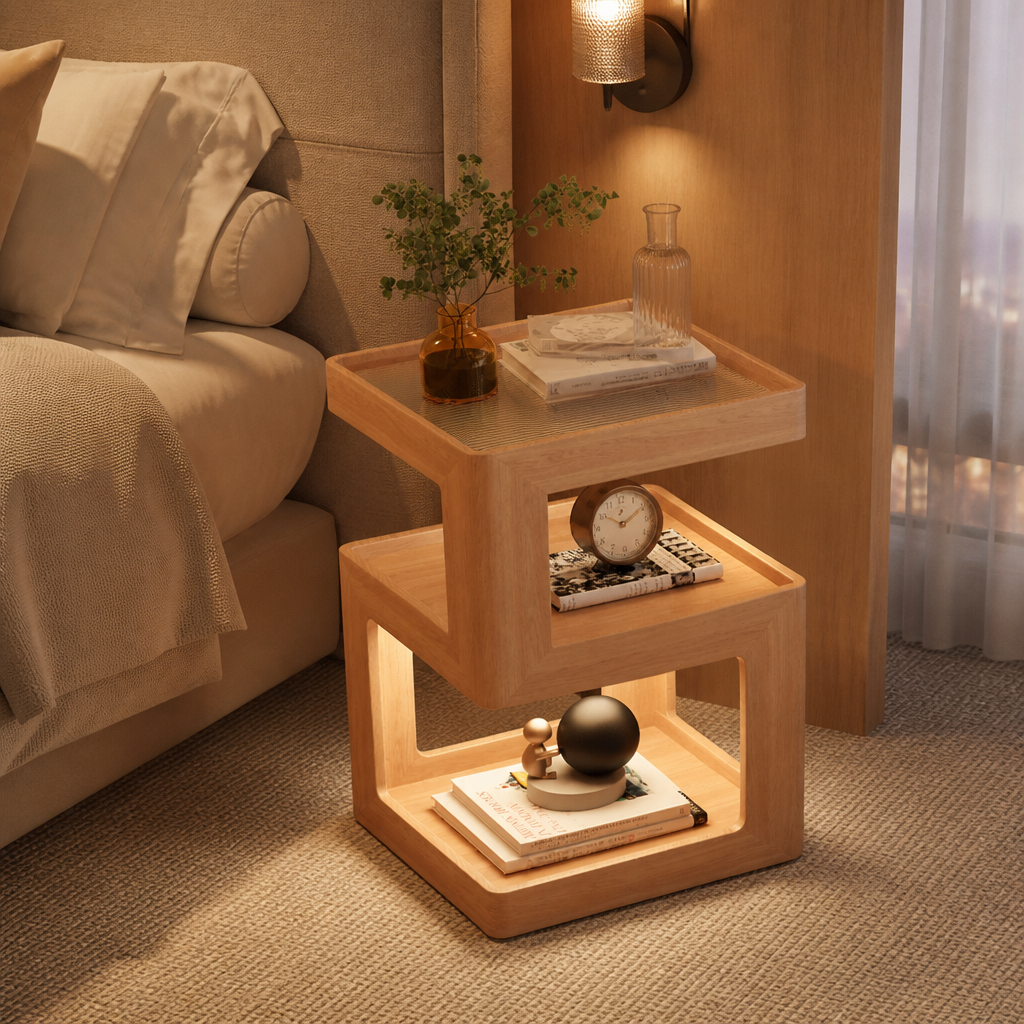 Table de chevet en bois massif en forme de S avec lumière LED à 3 niveaux
