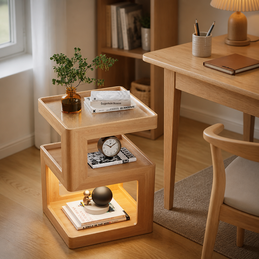 Table de chevet en bois massif en forme de S avec lumière LED à 3 niveaux