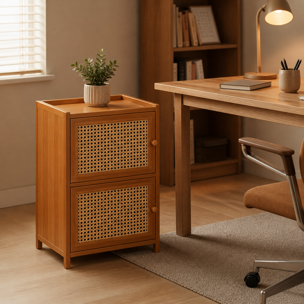 Table de chevet en bambou et rotin, armoire à 2 portes, table de chevet tissée naturelle