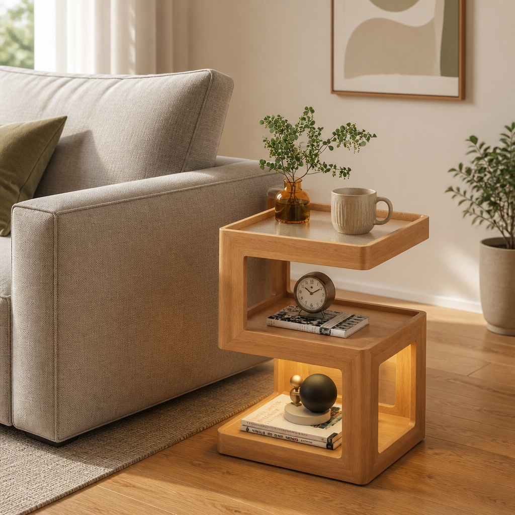 Table de chevet en bois massif en forme de S avec lumière LED à 3 niveaux