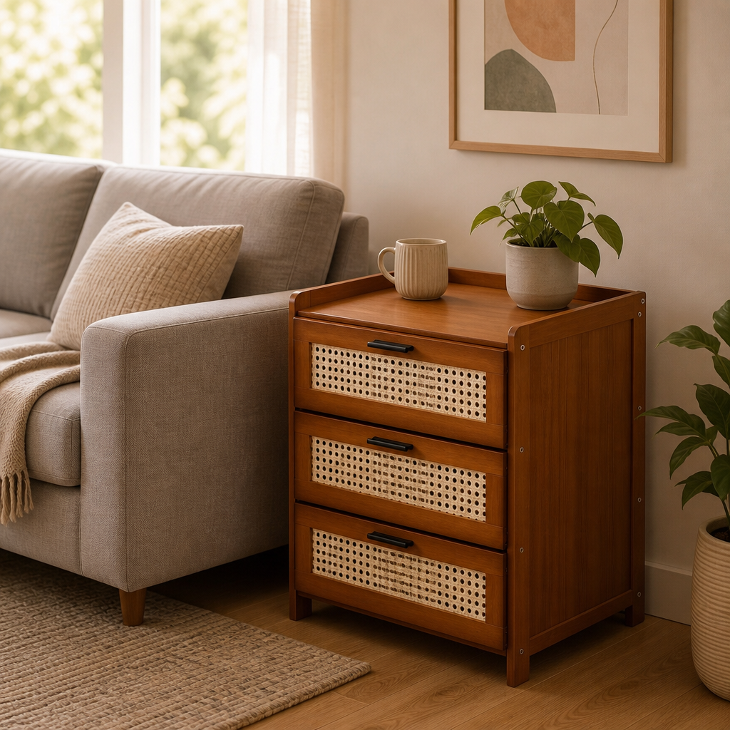 Table de chevet moderne en bois avec trois tiroirs