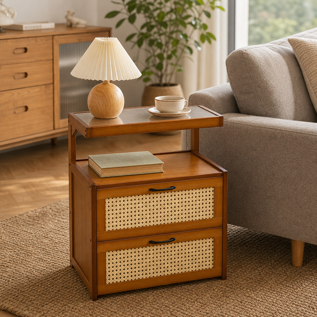 Petite table de chevet en bois massif moderne avec armoire de rangement à 2 tiroirs