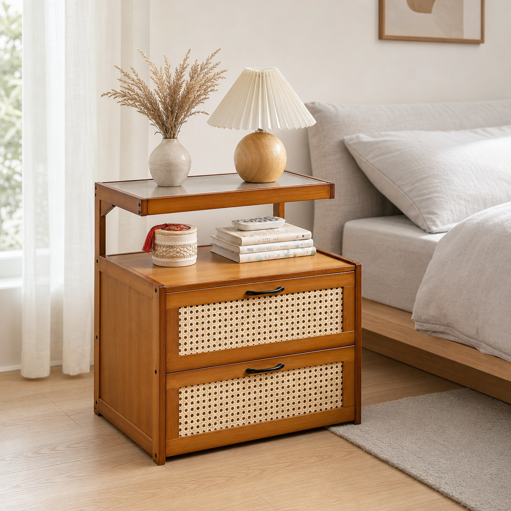 Petite table de chevet en bois massif moderne avec armoire de rangement à 2 tiroirs