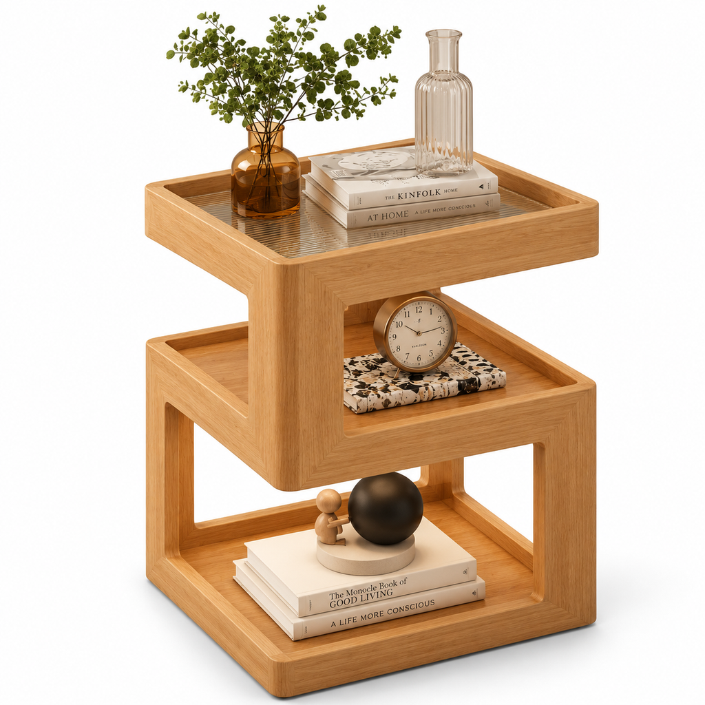 Table de chevet en bois massif en forme de S avec lumière LED à 3 niveaux